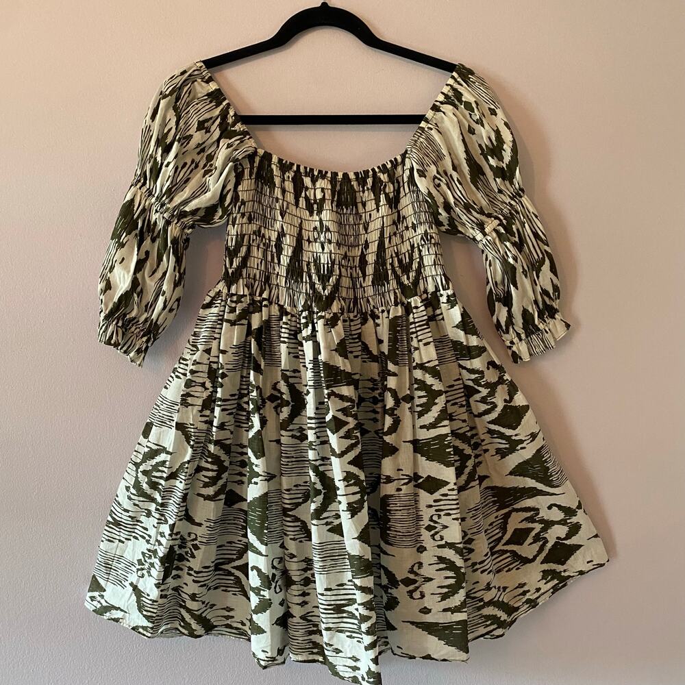 MISA Los Angeles Green White Smocked Puff Sleeve Mini Dress Cotton Women size XS